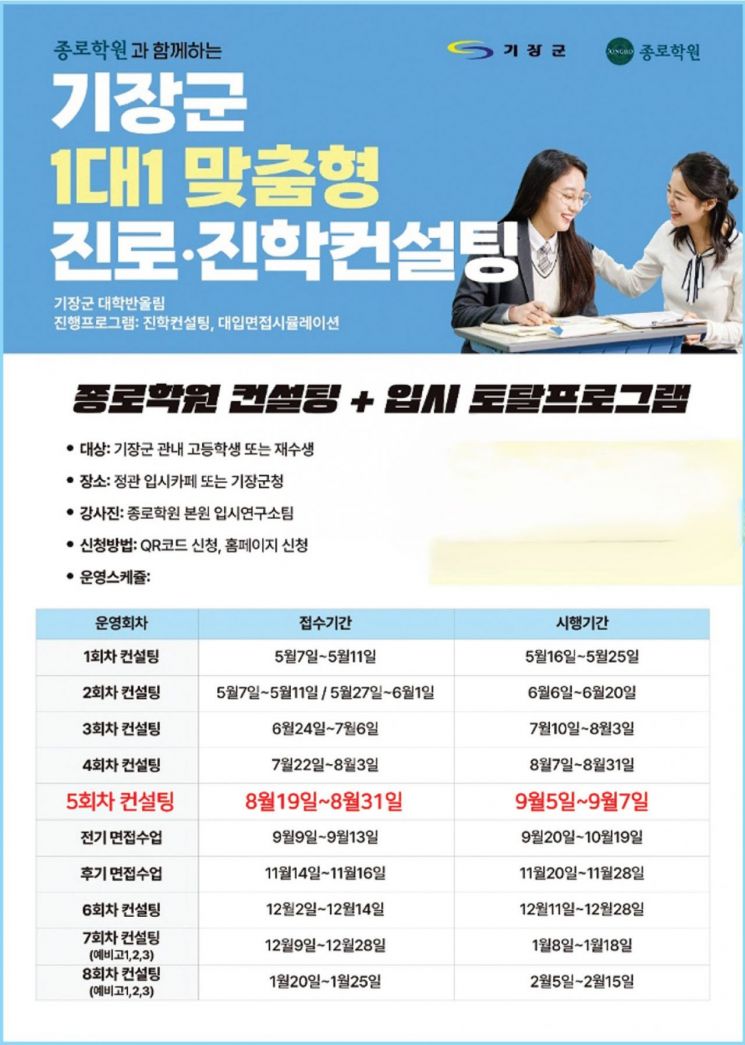 기장군, ‘1:1 맞춤형 진로·진학 컨설팅’ 고1·2까지 확대