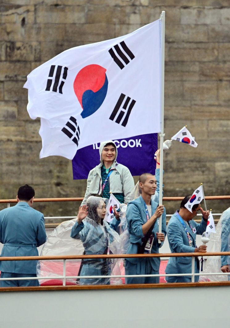 Flag bearers of the South Korean Olympic team, Woo Sang-hyeok (right) and Kim Seo-young, are seen traveling by boat along the Seine River in Paris, France, on the 26th (local time) to attend the opening ceremony of the 2024 Paris Olympics. <br>[Photo by Yonhap News]