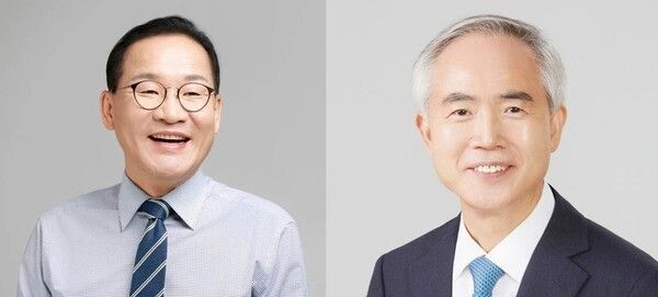 더불어민주당 광주광역시당 위원장 선거에 출마한 강위원 더민주전국혁신회의 상임대표(사진 왼쪽)와 양부남 의원.