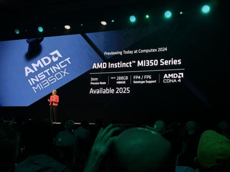 리자 수 AMD CEO가 지난 6월 대만에서 열린 컴퓨텍스2024 행사장에서 2025년 출시 예정인 'MI350X' GPU를 설명하고 있다. 사진=백종민 기자