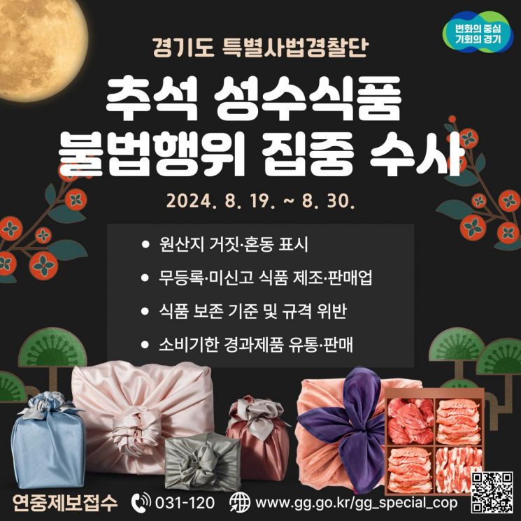 경기도특별사법경찰단이 추석을 앞두고 추석 성수식품 불법행위 집중수사를 벌인다.