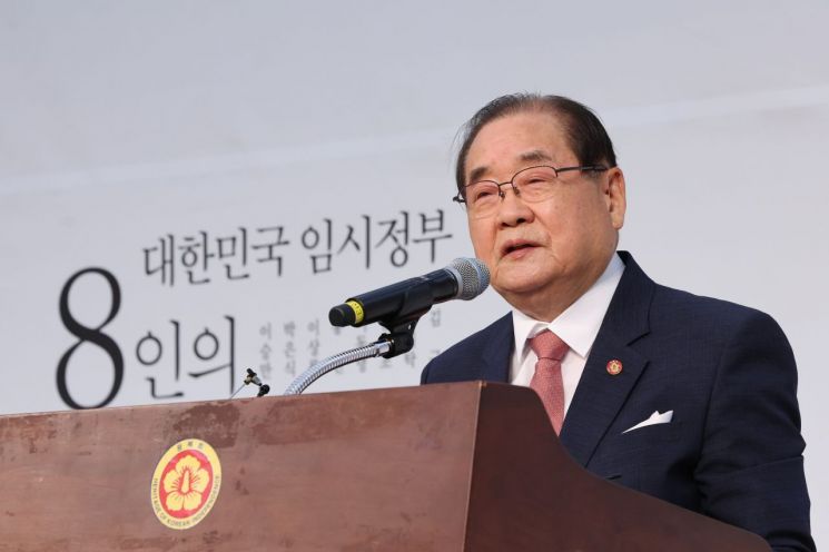 제79주년 8·15 광복절인 15일 오전 서울 용산구 효창공원 내 백범김구기념관에서 열린 광복회 주최 광복절 기념식에서 이종찬 광복회장이 기념사하고 있다. [이미지출처=연합뉴스]