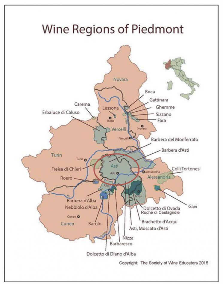 이탈리아 피에몬테의 와인 생산지. 가운데 녹색 지역이 모스카토 품종의 주요 생산지인 '아스티(Asti)'다.