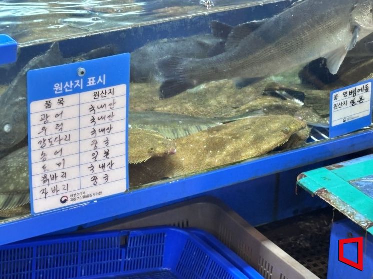 수산시장 수족관에 붙어있는 원산지 표시.[사진=염다연기자]