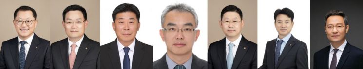 사진 왼쪽부터 김희철 한화오션 대표이사, 손재일 한화시스템 대표이사, 이재규 한화에너지 대표이사, 문경원 한화임팩트/사업부문 대표이사, 이구영 한화파워시스템 대표이사, 류양식 한화모멘텀 대표이사, 김종호 한화자산운용 대표이사. 사진제공=한화