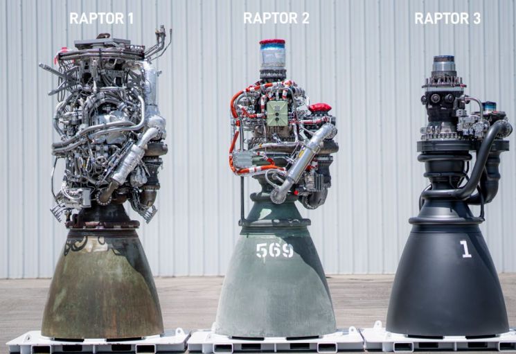 왼쪽부터 1세대 랩터 엔진, 2세대 랩터 엔진, 가장 최신인 3세대 랩터 엔진 [이미지출처=엑스(X)]
