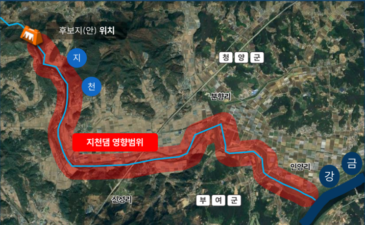 충남 청양군 장평면에서 부여군 은산면으로 이어지는 지천 하류가 정부의 기흐대응댐 후보지로 선정됐다. / 충남도