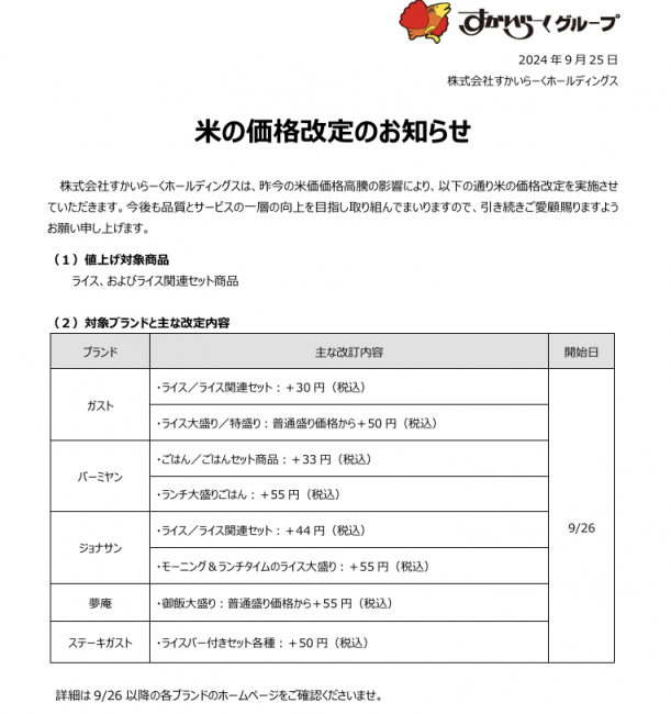 스카이락홀딩스가 발표한 밥 가격 인상 공지.(사진출처=스카이락홀딩스)