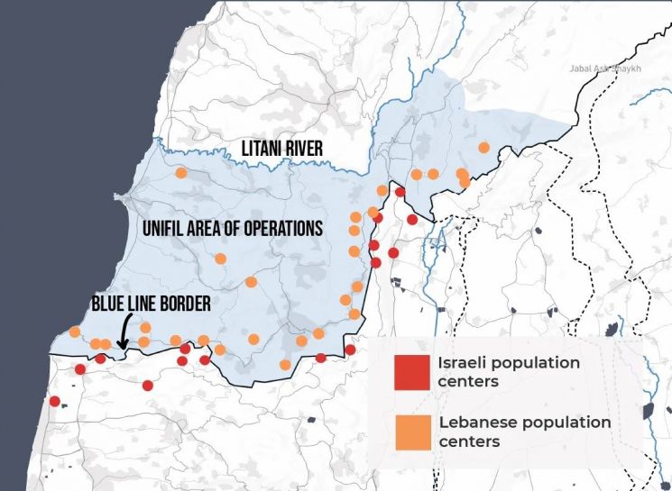 레바논 유엔평화유지군(UNIFIL)의 작전지역과 블루라인. 블루라인 남쪽은 이스라엘이다. [사진출처=UNIFIL]