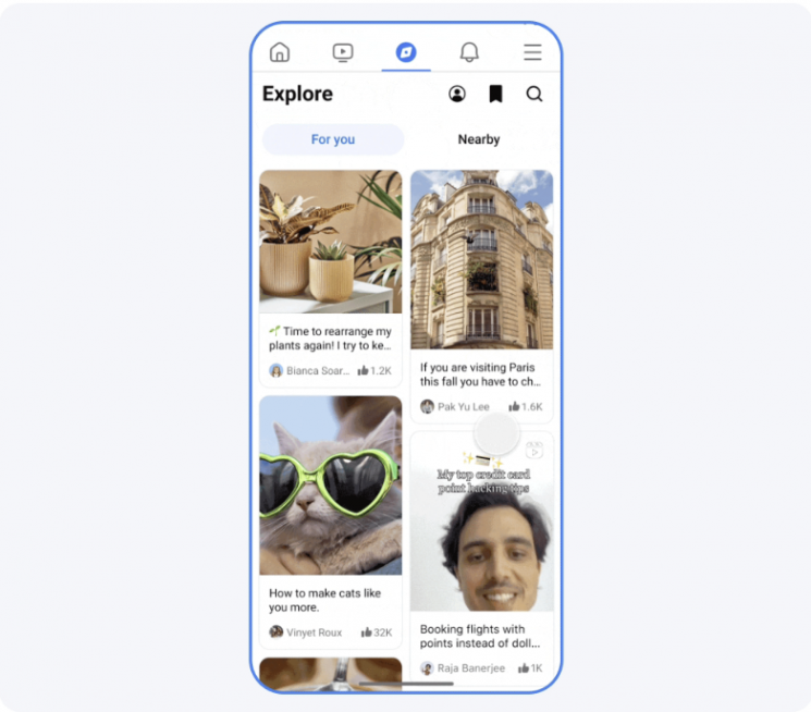 페이스북은 지인 여부와 상관없이 관심사 기반 콘테츠를 노출하는 '탐색' 탭을 추가했다. [이미지=메타 홈페이지]