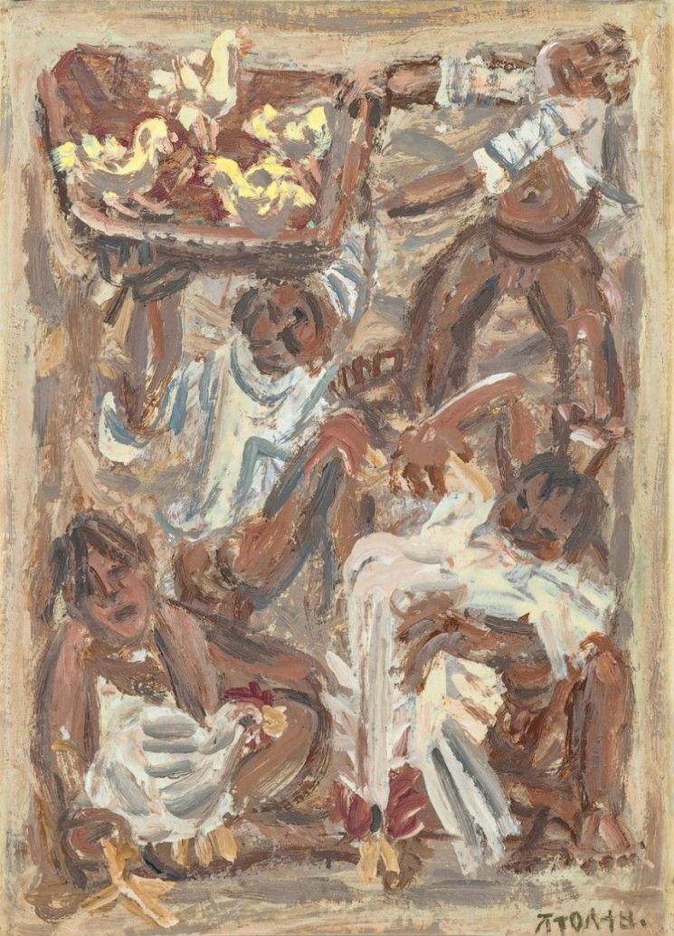 이중섭 '닭과 가족', 종이에 유화, 36×26cm,1954-1955 [사진제공 = 케이옥션]