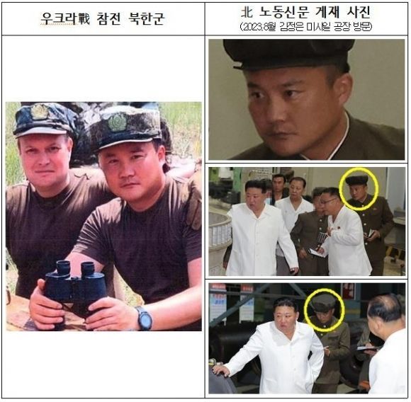 지난 18일 국가정보원은 AI 분석 결과 우크라이나 정보기관으로부터 입수한 우크라이나 전선에서 촬영된 사진 속 북한 군인 추정 인물이 지난해 8월 김정은 북한 국무위원장을 수행한 북한 미사일 기술자로 확인됐다고 밝혔다. [이미지출처=국가정보원]