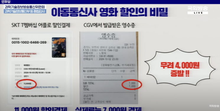 최민희 "사라진 영화값 4000원 어디로?" SKT "알아보겠다"[2024 국감]