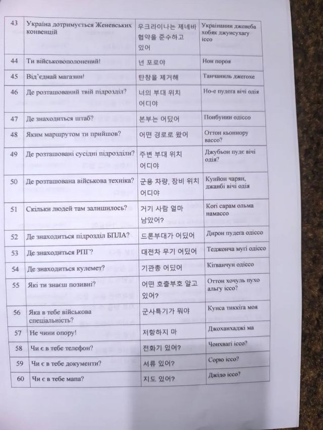 26일(현지시간) 전쟁 상황을 공유하는 친러시아 성향 텔레그램 계정 'Z작전-러시아 봄의 군사특파원'은 "우크라이나군이 조선민주주의인민공화국 군인들이 도착할 것을 예상하며 지침을 발행하기 시작했다"며 한국어가 적힌 문서 사진 3장을 올렸다. [이미지출처=@rvvoenkor 텔레그램 채널]