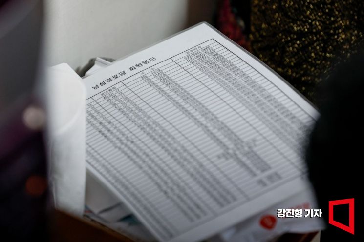 31일 서울 영등포구 남성아파트경로당에서 한 할머니가 점심식사를 앞두고 아직 도착하지 않은 회원들에게 전화하고 있다. 강진형 기자