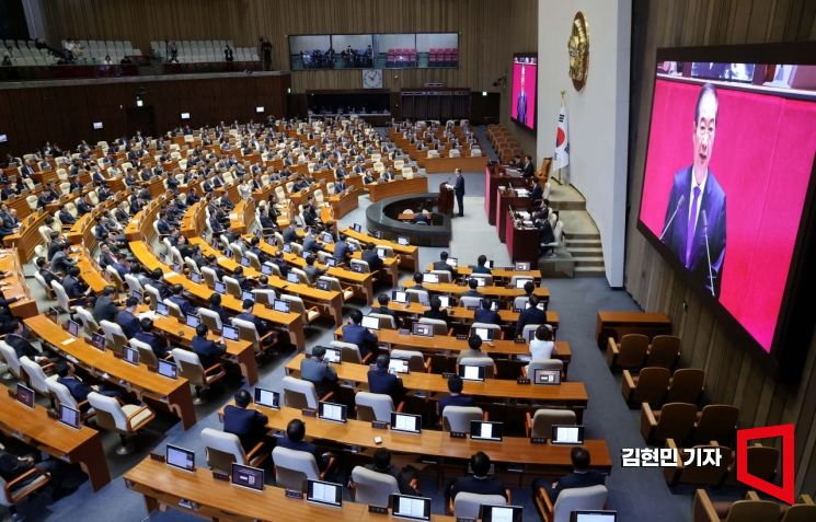 한덕수 국무총리가 4일 국회에서 열린 본회의에서 윤석열 대통령을 대신해 2025년도 예산안 및 기금운용계획안에 대한 시정연설을 하고 있다. 김현민 기자