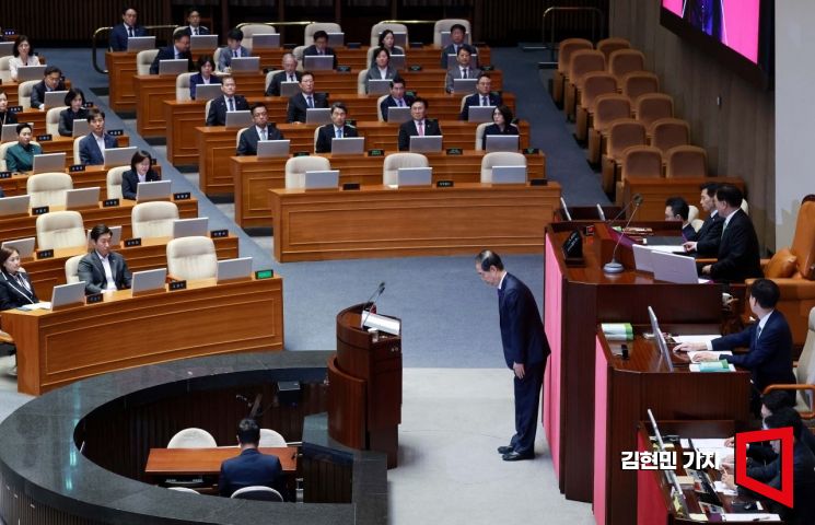 한덕수 국무총리가 4일 국회에서 열린 본회의에서 윤석열 대통령을 대신해 2025년도 예산안 및 기금운용계획안에 대한 시정연설을 하고 있다. 김현민 기자