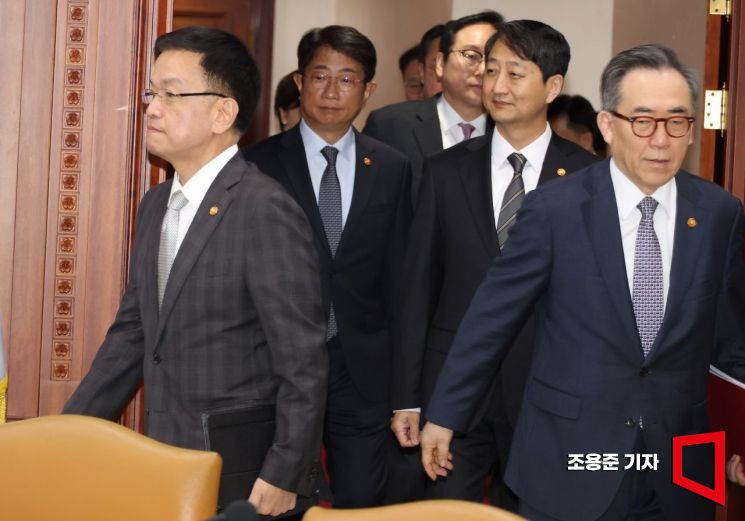 [Photo] Deputy Prime Minister Choi Sang-mok and Cabinet Members Heading to the Meeting Room