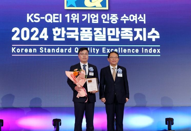 허권회 한일시멘트 상무(왼쪽)와 강명수 한국표준협회장이 '2024 한국품질만족지수 인증 수여식'에서 기념 촬영을 하고 있다. 한일시멘트 제공