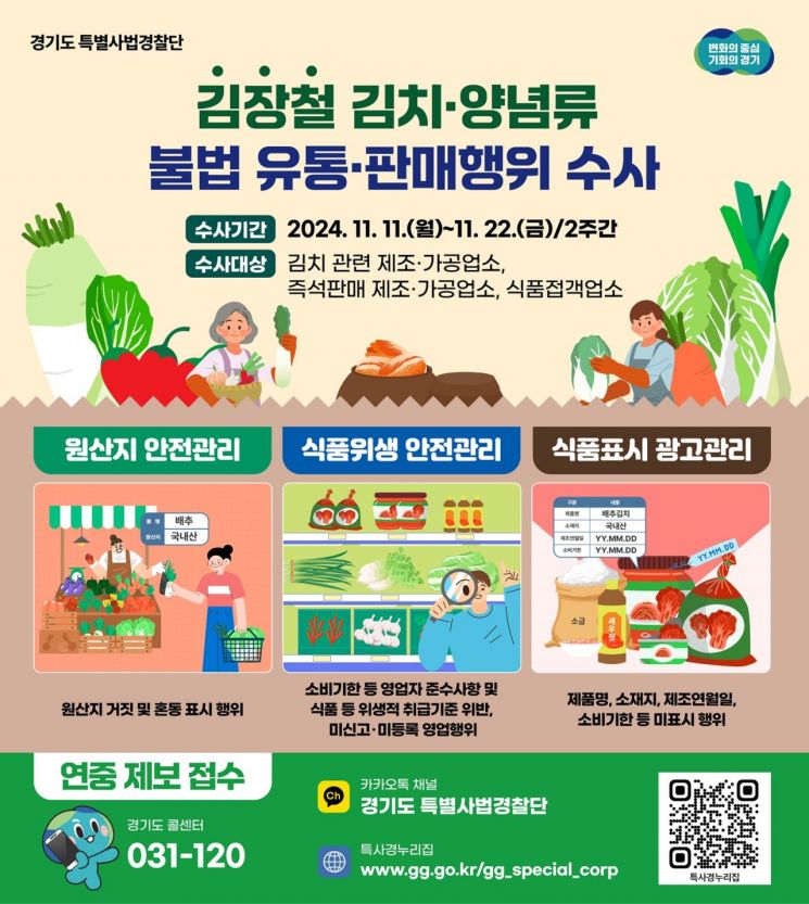 경기도 특별사법경찰단의 김장철 김치 및 양념류 불법유통 판매 행위 수사 포스터. 경기도청 제공