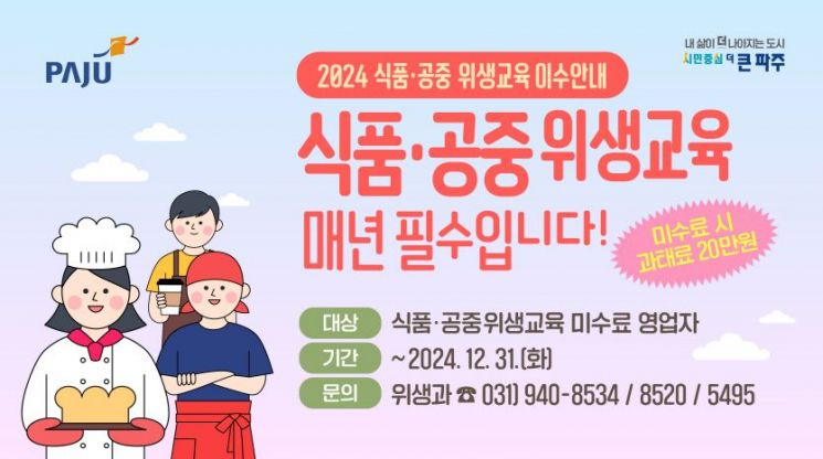 파주시 식품·공중위생업소 기존영업자 위생교육 이수 안내문. 파주시 제공