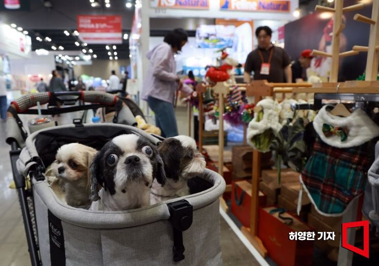 Pet Expo "Mega Zoo" Held at Ilsan KINTEX Until the 17th<br><br>On the first day, the 15th, dogs accompanied by their owners at the exhibition hall at Ilsan KINTEX are looking around curiously while their owners choose dog clothes. Photo by Huh Younghan