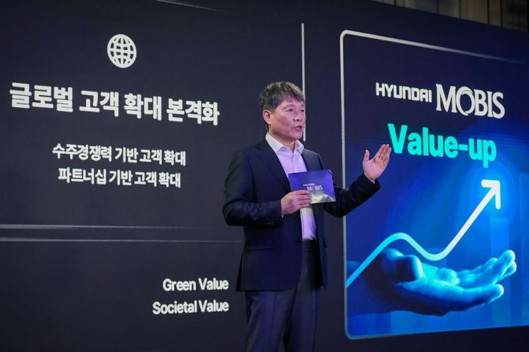 현대모비스 이규석 사장이 19일 여의도 페어몬트 호텔에서 열린 ‘2024 CEO 인베스터 데이’ 발표자로 나서 사업 방향성과 전략을 발표하고 있다. 현대모비스 제공