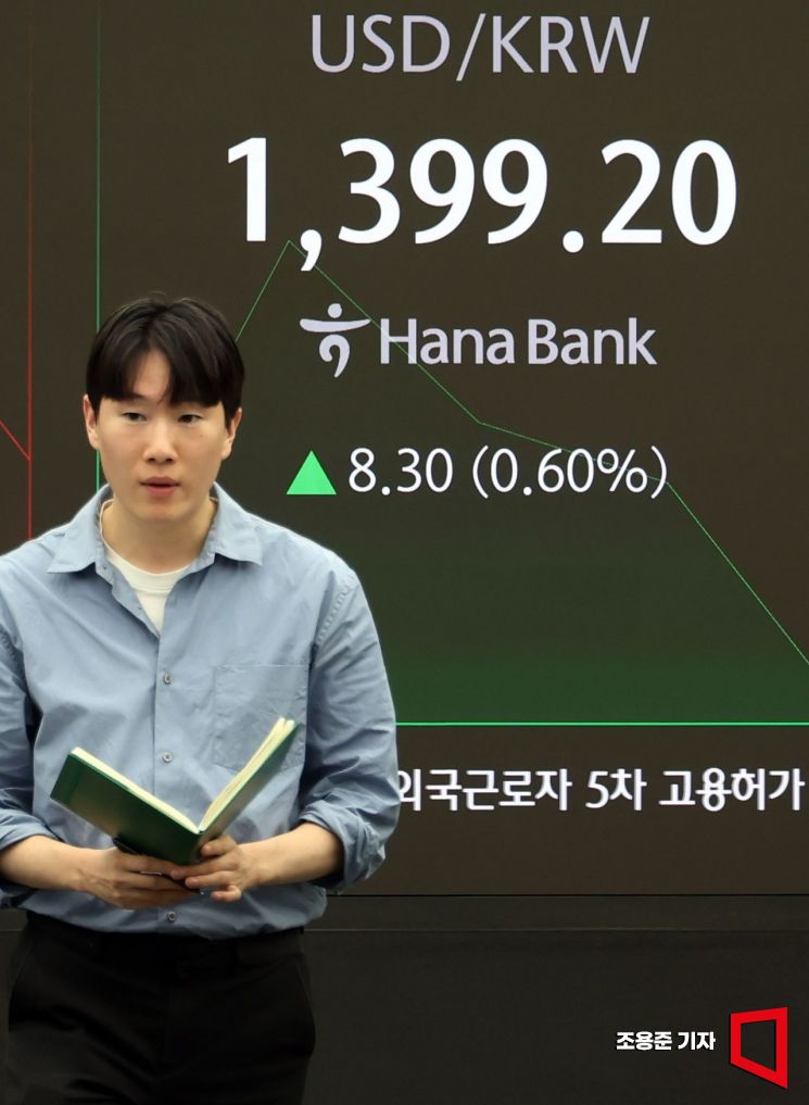 코스피가 전 거래일보다 7.67p(0.31%) 내린 2,474.62로 개장한 21일 서울 중구 하나은행 본점 딜링룸에서 딜러들이 업무를 보고 있다.  원/달러 환율은 8.1원 오른 1,399.0원, 코스닥지수는 0.19p(0.03%) 오른 683.10으로 시작해 하락 전환했다. 조용준 기자