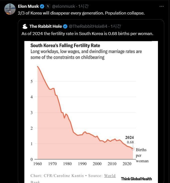 "한국 3분의 2 사라질 것"…'자녀 11명' 머스크, 저출산 또 경고