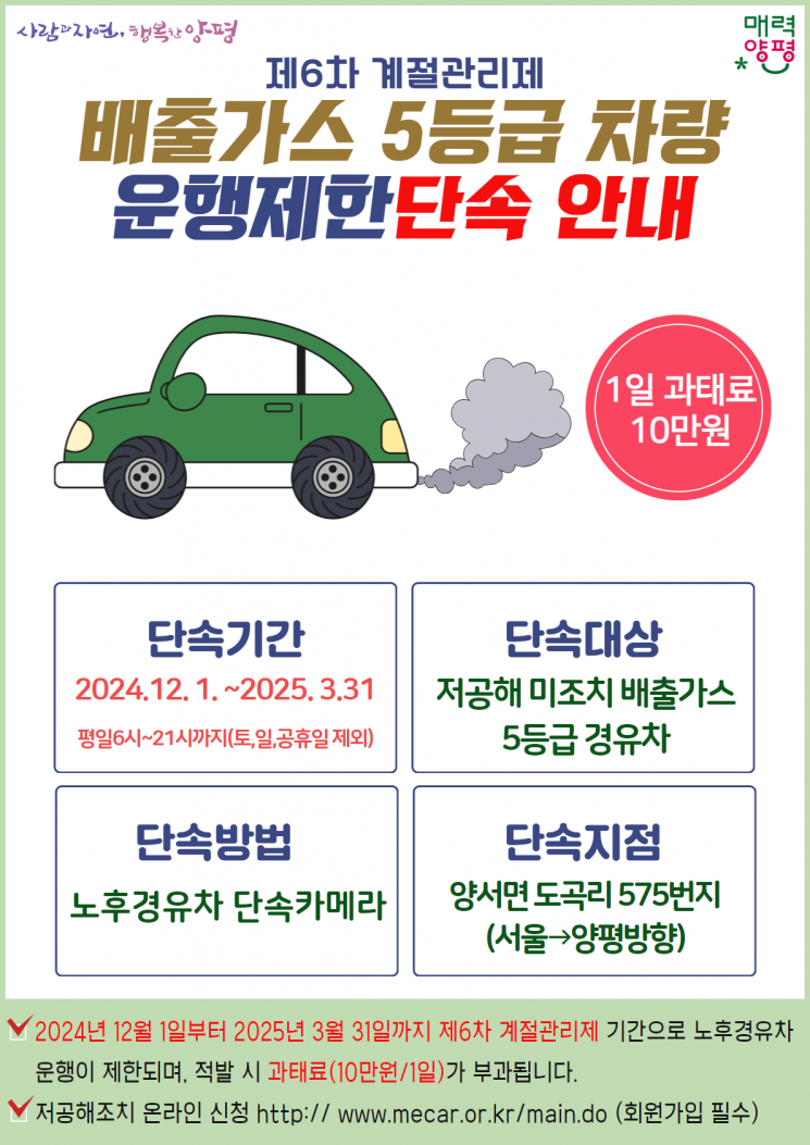 양평군, 배출가스 5등급 차량 운행제한 내년 3월까지 시행