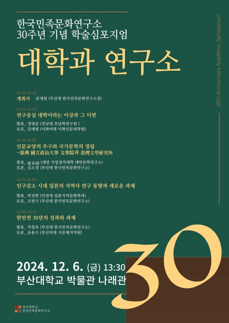 부산대 한국민족문화연구소, 30주년 기념 학술 심포지엄·기념식 개최