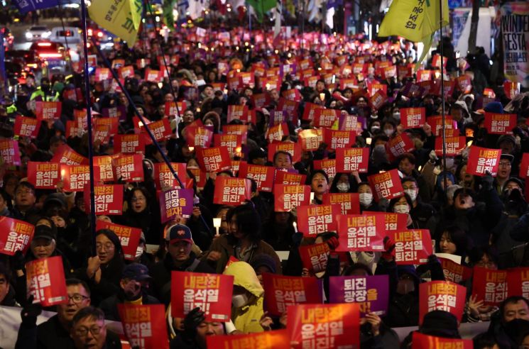 경찰, '尹 퇴진' 집회 참석 70대 여성 입건…"길 막아서 한 대 쳤다"