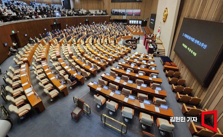 7일 국회 본회의에서 야당 의원들이 윤석열 대통령의 탄핵소추안 표결에 불참하기 위해 퇴장한 국민의힘 의원들의 이름을 일일이 호명하고 있다. 국민의힘 의원석에는 안철수 의원이 홀로 앉아 있다. 김현민 기자