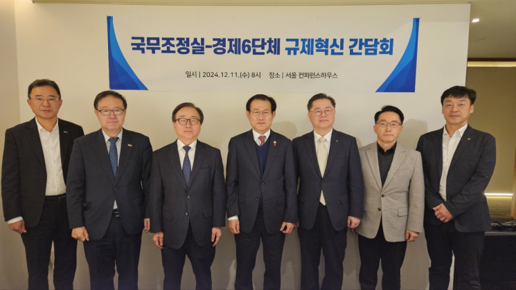 왼쪽부터 박성환 무역협회 본부장, 정윤모 중기중앙회 부회장, 이동근 경총 부회장, 남형기 국조실 국무2차장, 박일준 대한상의 부회장, 이호준 중견련 부회장, 이상호 한경협 본부장. 제공 경총

  ㅇ (정부) 국조실 남형기 국무2차장(주재), 손동균 규제조정실장 등