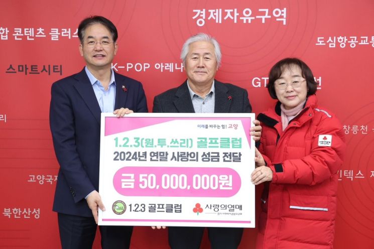 한제걸 123 골프클럽 대표이사가 12일 이동환 고양특례시장(왼쪽)에게 과내 어려운 이웃을 위한 사랑의 성금 전달식을 개최한 뒤 기념촬영을 하고 있다. 고양특례시 제공