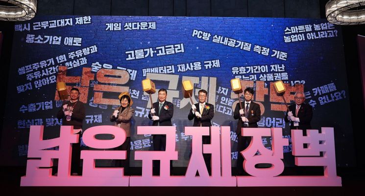 최승재 중소기업 옴부즈만(왼쪽에서 세 번째)과 김성태 IBK기업은행장(왼쪽에서 네 번째)이 16일 서울 중구 더플라자호텔에서 열린 '2024 대한민국 중소기업 규제혁신 대상'에서 규제혁신을 위한 퍼포먼스를 하고 있다.