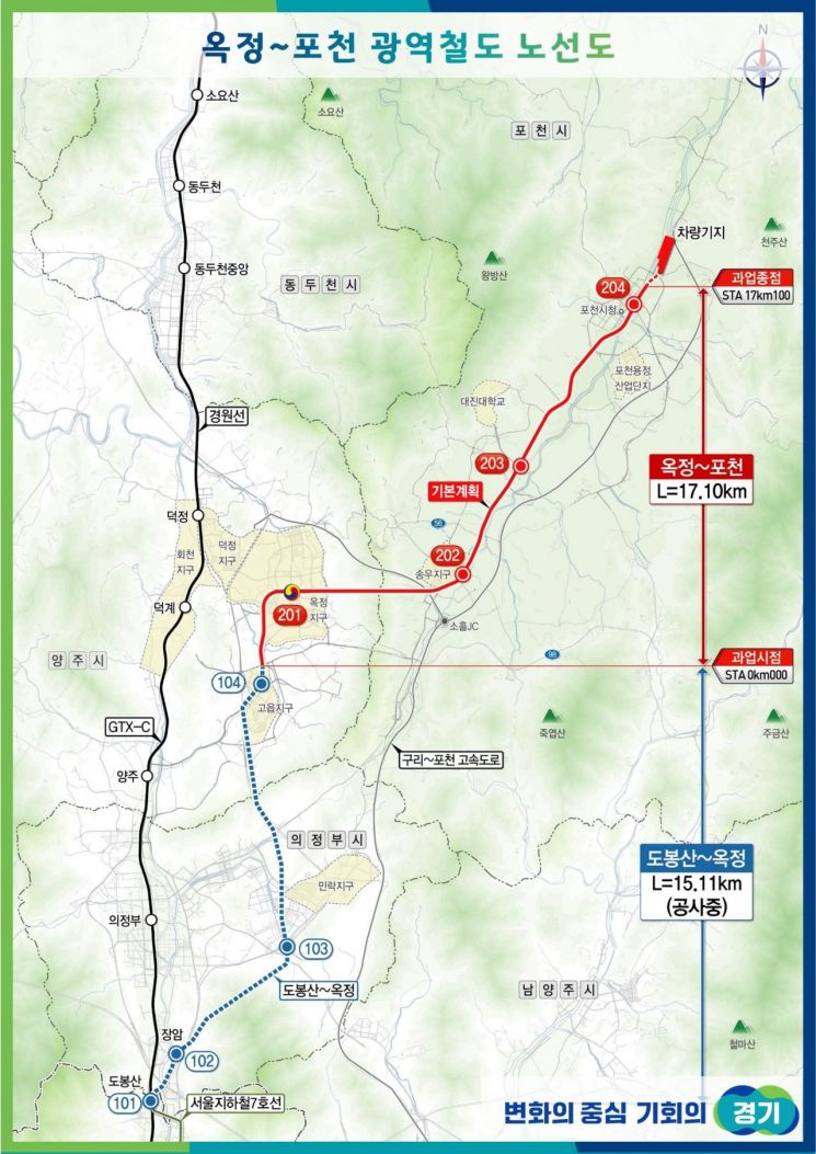 옥정~포천 광역철도 노선도. 경기도 제공