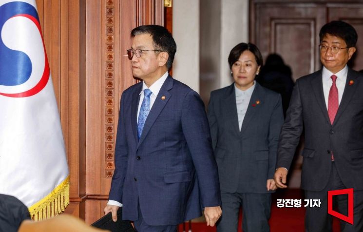 [포토] 회의실 들어서는 최상목 경제부총리-송미령 장관-박상우 장관