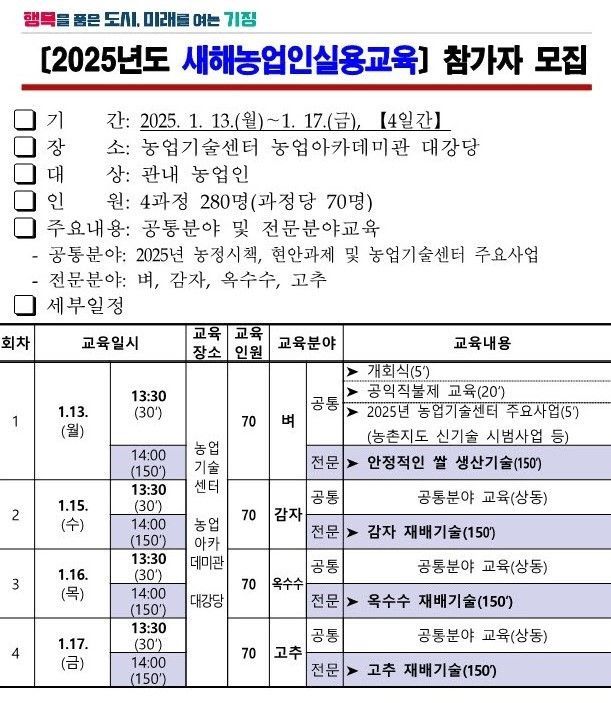 2025년 ‘새해농업인실용교육’ 참가자 모집 안내문.