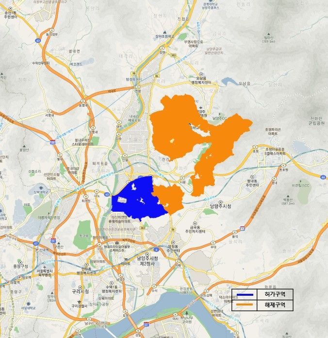 기도가 남양주시 3기 신도시 토지거래허가구역을 해제한 지역(주황색)과 새로 지정한 지역(파란색). 경기도 제공