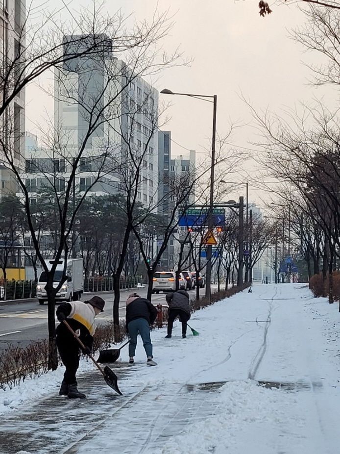 하남시민들이 지난 20일 오후 10시부터 21일 오전 8시까지 적설량 2.3㎝의 눈이 내리자 자발적으로 거리에 나와 눈을 치우고 있다. 하남시 제공