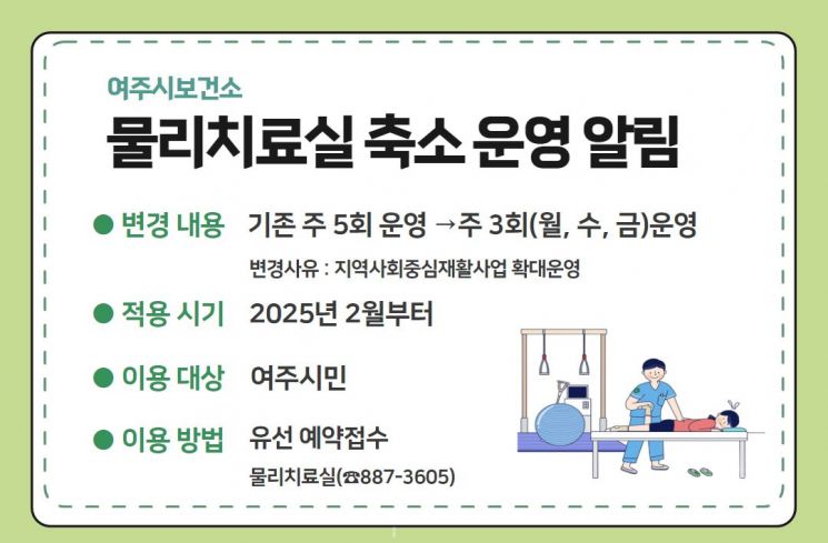 물리치료실 축소 운영 안내문. 여주시 제공