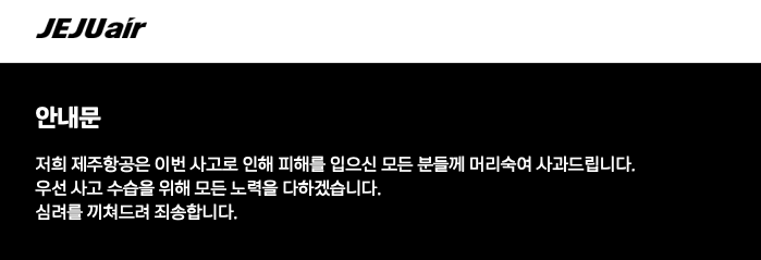 제주항공 공식 온라인 홈페이지 또한 본래 상징 색깔인 주황색 대신 애도의 의미가 담긴 검은색으로 바뀐 상태다. 사고 관련 안내문과 문의 번호 등을 제외하고 티켓 발권 등 다른 기능도 모두 닫혔다. 제주항공 홈페이지