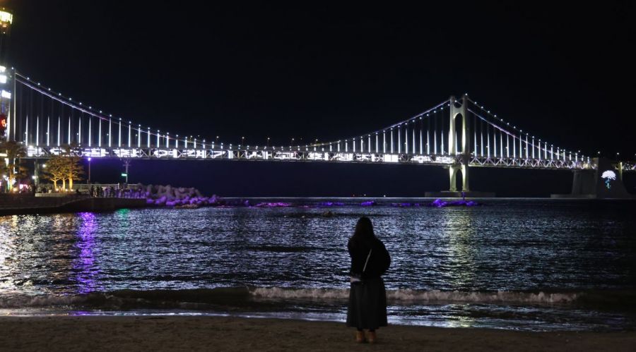 30일 오후 부산 수영구 광안대교에 국화모형과 '무안공항 여객기 사고 희생자를 추모합니다' 하는 추모문구를 표출하고 있다. 연합뉴스