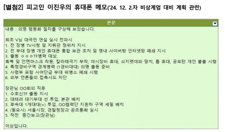 계엄 전날 수방사령관 메모 “대테러 부대 선 투입, 쇠지렛대, 톱 휴대”