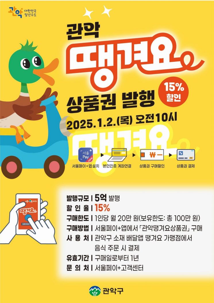 관악구, 새해맞이 땡겨요 배달 전용상품권(5억) 15% 할인 판매