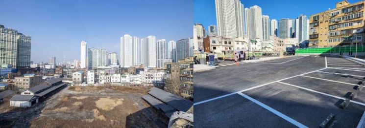 한국전력 삼각지변전소 개발부지(사진 좌측)가 5개월 간의 공사 끝에 234면 규모의 공공주차장(사진 우측)으로 바뀌었다. 용산구 제공.