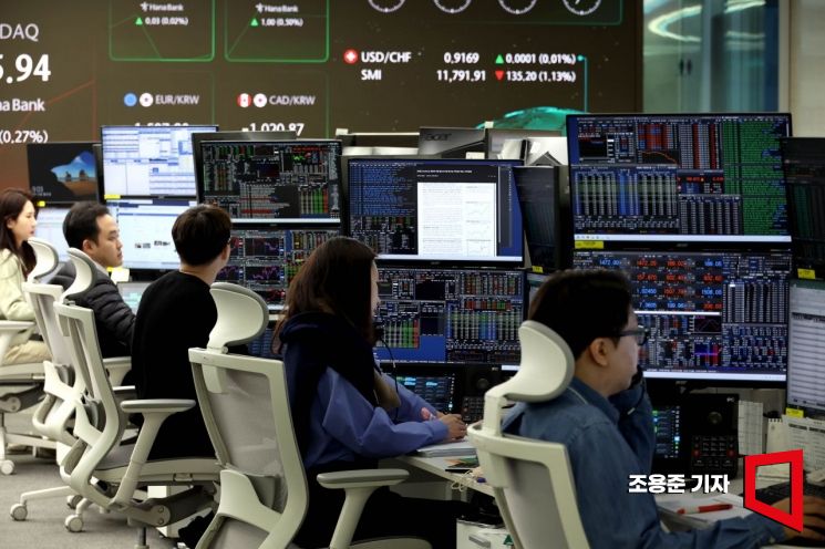 서울 중구 하나은행 딜링룸 직원들이 업무를 보고 있다. 조용준 기자