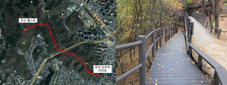 서대문구가 새롭게 조성한 반려견 산책로 위치도 및 현황 모습. 서대문구 제공.