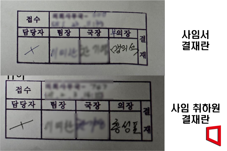 사임서는 맹의석 부의장이 결재했으나 취하원은 홍 의장 본인이 결재했다.